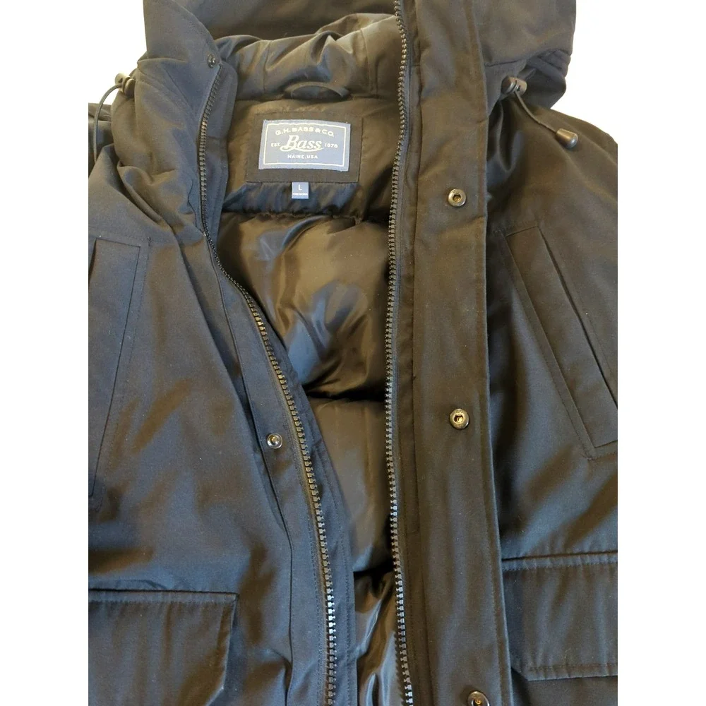 GH Bass & Co Down Hooded Puffer Jacket L Black Toasty Camping Hiking Outdoors